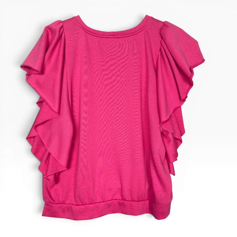 Evereve Ruffle Sleeve Sweatshirt Womens Large Pink Short Sleeve Crew Neck Top - Picture 2 of 7